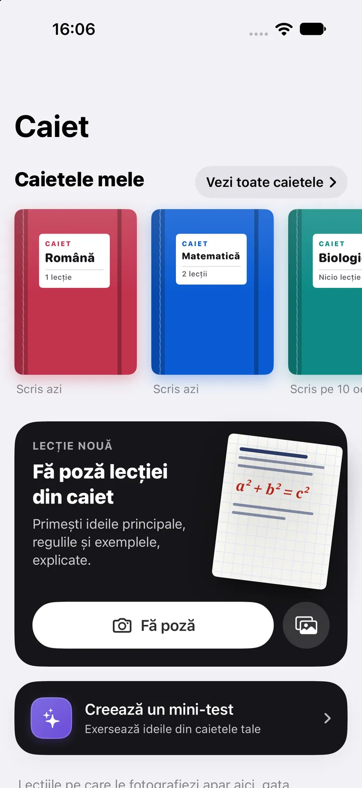 Ecranul Caiet: caietele de Română, Matematică și Biologie și cardul „Fă poză lecției din caiet”.