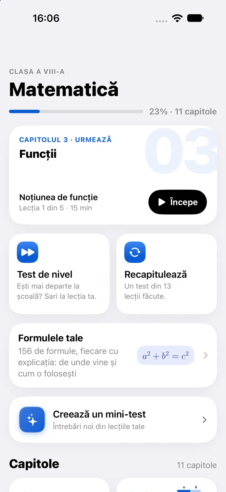Ecranul materiei Matematică la clasa a VIII-a: capitolul în curs, test de nivel, recapitulare, formule și mini-test.
