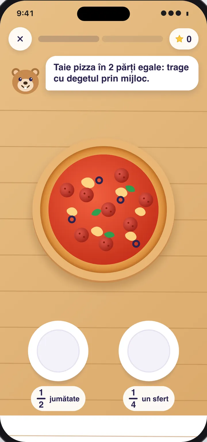 O pizza de tăiat în două părți egale, cu două farfurii: jumătate și un sfert.