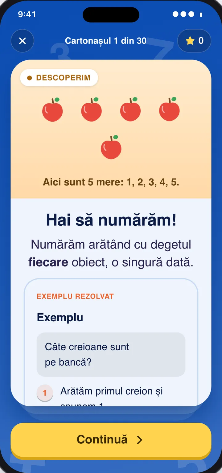 Cartonaș dintr-o lecție de clasa I: „Hai să numărăm!”, cu cinci mere desenate.