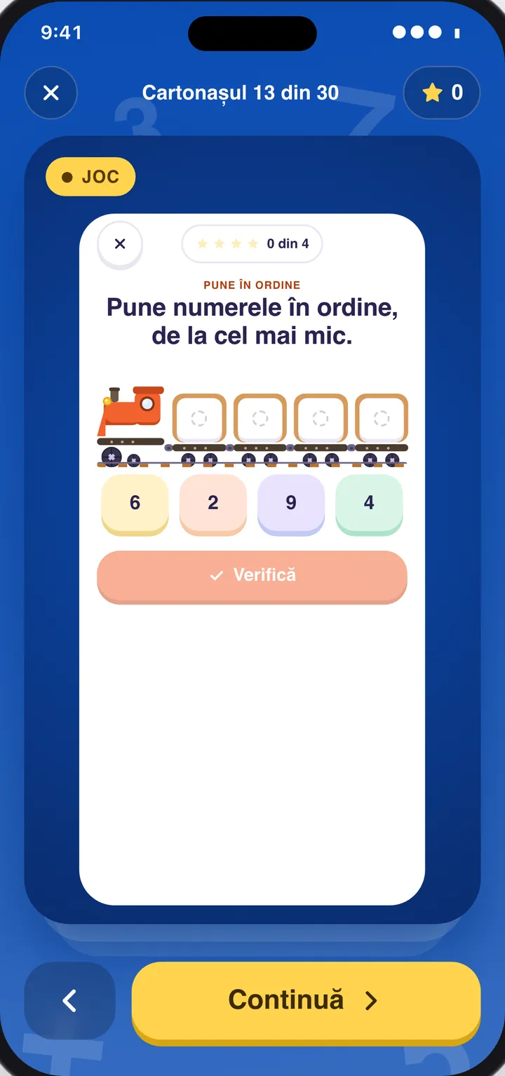Un tren cu vagoane goale în care copilul pune numerele de la cel mai mic la cel mai mare.