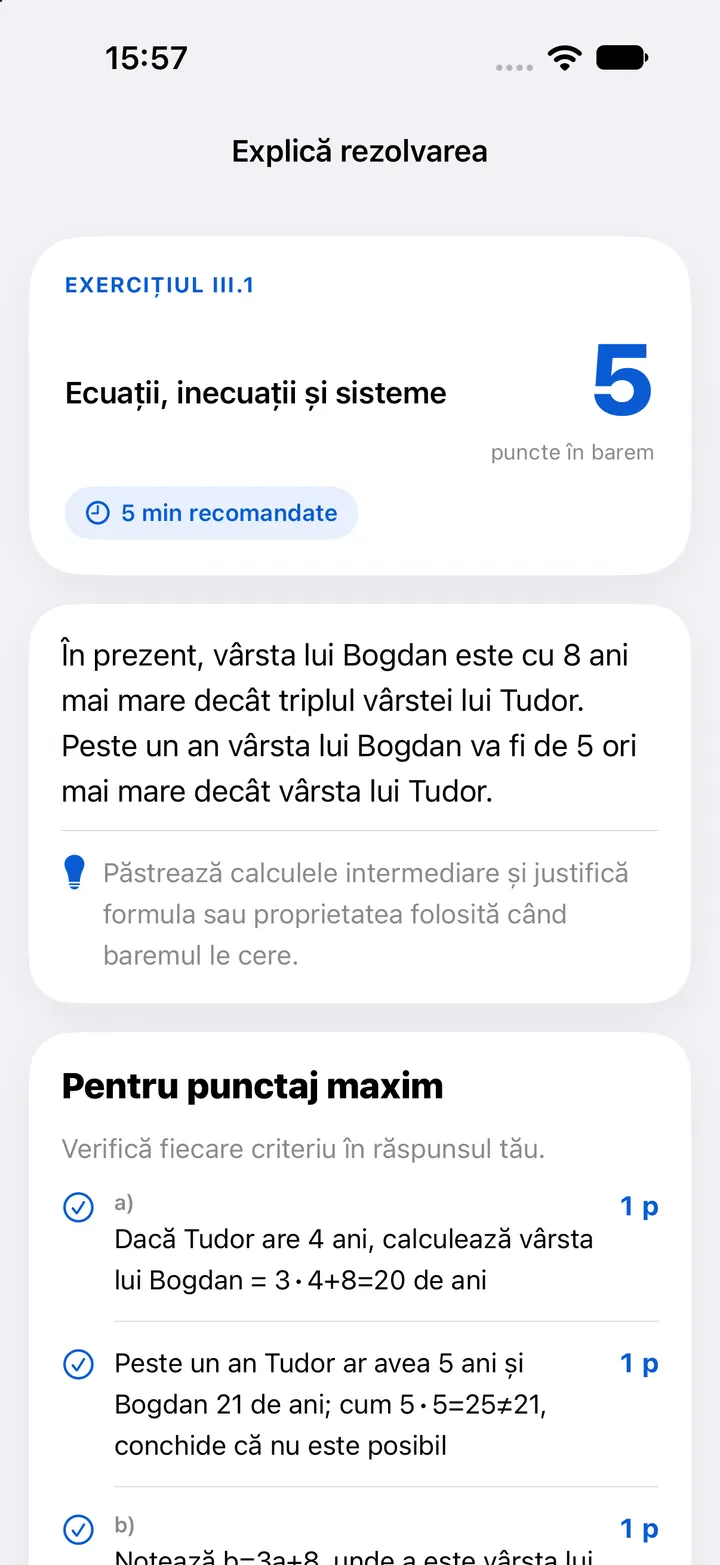 „Explică rezolvarea” la exercițiul III.1: enunțul, 5 puncte în barem și criteriile pentru punctaj maxim.